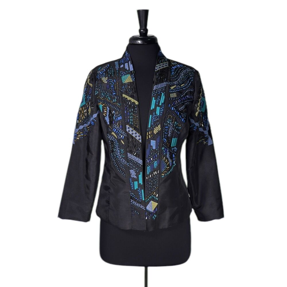Chico’s Women’s Jacket 0 S 4 Black Multicolor Embroidered Beaded Boho Open Front